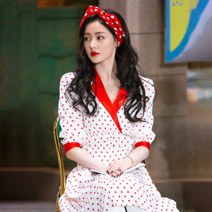 candy keen 张天爱明星同款波点雪纺甜美泡泡袖收腰显瘦连衣裙女