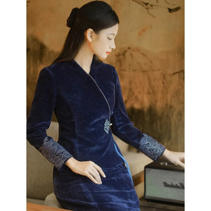 中式中国风女装2022春季藏蓝色民族风禅意茶服加厚汉服外套连衣裙