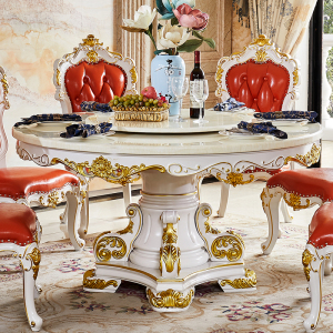 欧式餐桌大理石餐桌椅组合全实木雕花圆桌组合别墅客厅白色饭桌椅