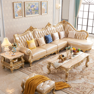 欧式真皮沙发L形左右贵妃转角组合法式奢华小户型客厅全实木雕花