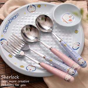 叮当猫陶瓷勺子可爱儿童刀叉长柄筷子套装家用卡通日式餐具高颜值