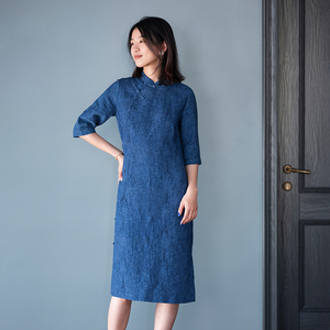 【卢旺达的鱼原创设计】提花棉麻复中式古蓝色半袖旗袍 DJCA095