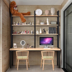 阳台实木双人电脑桌台式情侣家用一体小户型书桌书架电脑书柜组合