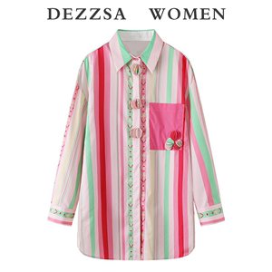 DEZZSA 2024夏装新款设计感法式立体装饰彩色条纹长袖衬衫上衣女