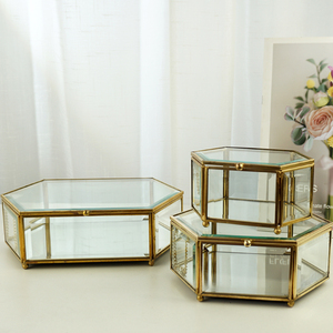 欧式玻璃透明六边首饰盒摆件创意铜色珠宝盒家居装饰品