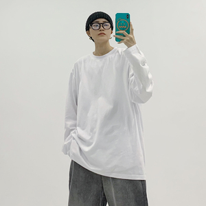 les帅t林弯弯韩国纯棉白色百搭宽松叠穿打底长袖t恤男情侣ins潮