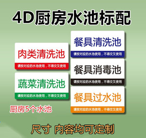 厨房水池分类标识牌 饭店食堂4d管理 肉类餐具蔬菜清洗池标签贴牌
