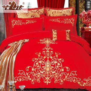 艺达家纺  包邮纯棉刺绣红色婚庆六件套 双人 床上用品中式