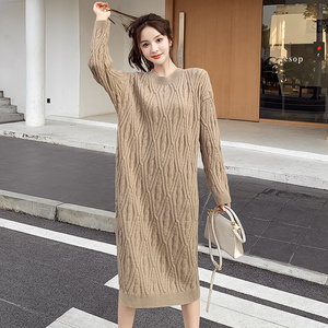秋冬麻花复古粗线针织连衣裙加厚慵懒毛线衣宽松长裙过膝毛衣裙女