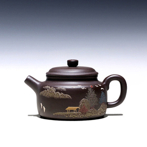 【两笔】宜兴紫砂壶纯全手工茶壶范磊紫泥泥绘山水德钟 260cc