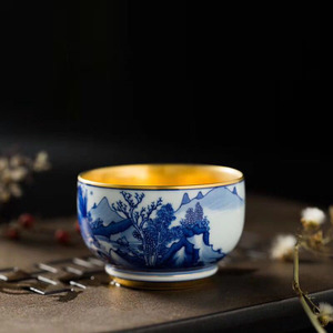 日本幸山窑真金描金描边满金釉下青花手绘茶杯个人杯品茗杯招代理