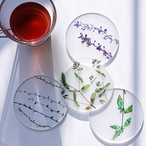 toumei 日本制 植物花草押花 餐桌防烫隔热垫透明亚克力杯垫 4块