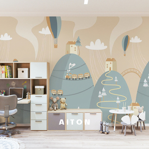 定制壁画卡通房子小山墙纸儿童房壁纸男孩房间无缝墙布背景墙壁布