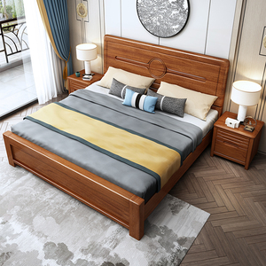 胡桃木床现代简约双人床主卧2米x2米乘2米大床中式轻奢储物箱体床_阿