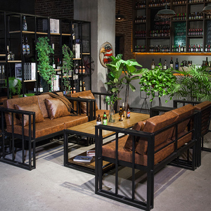 简约现代工业风咖啡厅卡座茶几单双人三人懒人办公铁艺沙发椅组合