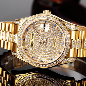 royalcrown手表男机械男表镶钻满天星防水精钢日历休闲时尚蓝宝石