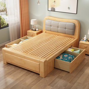 单人床1.2米小户型1.35/1.5/1m宽加厚原木儿童老人抽屉储物实木床