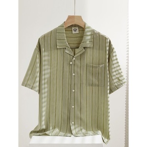 外贸原单丨捡漏夏季薄款垂感古巴领衬衫男短袖宽松复古草绿条纹休