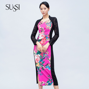 sussi/古色2020秋季新品花色船型领侧腰褶褶旗袍裙3203l2370