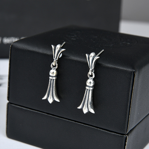 925纯银ch剋罗心十字架原装耳堵耳钉环潮泰银凤尾花裙子耳坠耳环