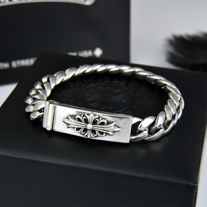 925纯银ch剋罗心朋克十字架手链男潮牌霸气个性复古手牌泰银时尚