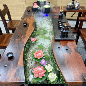 老船木茶桌椅组合实木禅意流水养鱼缸茶台新中式茶具套装一体茶几