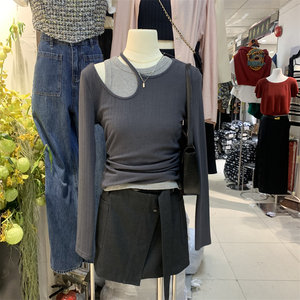 kapok长袖t恤女装秋季韩版设计感别致镂空小心机修身挂脖别致上衣