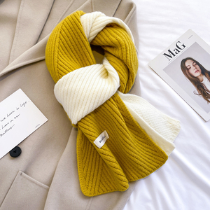 针织毛线小围巾女生冬季姜黄色双色拼色撞色大儿童短围脖护颈软糯