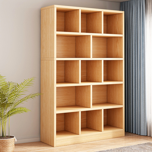 书架落地客厅置物架展示架简易储物柜子家用卧室实木色格子柜书柜