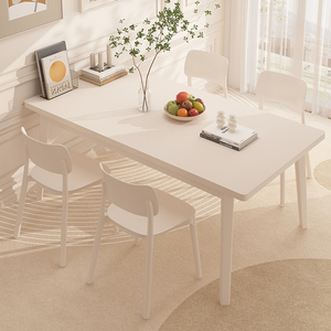 餐桌小户型家用实木腿白色吃饭桌子奶油简约长方形客厅餐桌椅组合