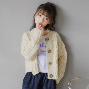 女童秋装毛衣开衫2020秋冬新款女孩洋气粗线针织短款外套韩版衣服