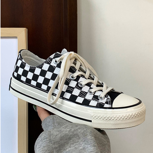 黑白棋盘格子低帮透气帆布鞋女学生韩版百搭板鞋ins休闲鞋潮1970s