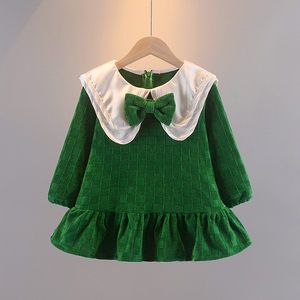 女童韩版娃娃领连衣裙2022新款春装儿童绿色裙子女宝宝洋气连衣裙