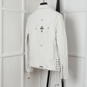 机车皮衣男短款头层牛皮真皮夹克春季薄款克罗心刺绣修身白色外套