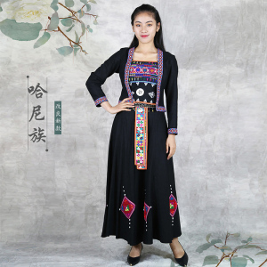 哈尼族云南少数民族特色服装复古风刺绣黑色棉麻长摆裙三件套装女