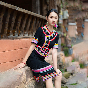 少数民族拉祜族服装女短款纯麻套装黑色民族风修身显瘦纯手工银泡
