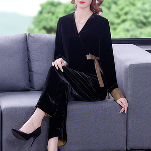 金丝绒套装女高端女人味春秋新款妈妈装高贵洋气上衣贵夫人两件套