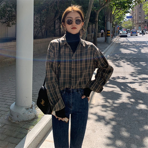 复古港味格子衬衫女长袖秋冬新款宽松显瘦休闲百搭上衣叠穿衬衣潮