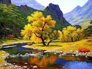 大山银杏树小河流水山水风景钻石画