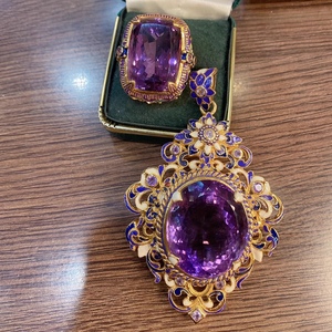 意大利复古鎏金珐琅彩仿天然紫水晶戒指吊坠套装宫廷风彩宝项链女