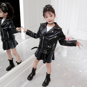女童皮衣套装2022春秋新款韩版儿童皮夹克开衫小女孩洋气春装外套