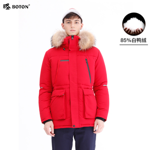 波顿冬季男士中长款羽绒服红黑两色连帽白鸭绒品牌高端保暖