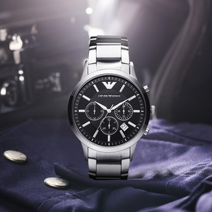 海外代购 armani阿玛尼手表 ar2434时尚钢带黑盘三眼指针男石英表