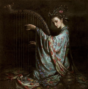 印花dmc纯棉十字绣套件客厅餐厅佛像敦煌观音飞天人物 竖琴图