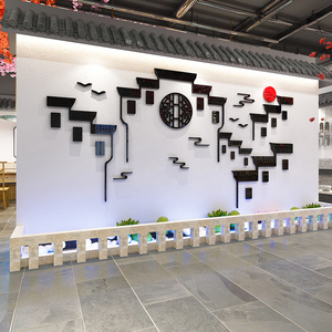 中式古典徽派屋檐建筑墙贴纸中餐馆墙面装饰饭店包间背景墙壁贴画