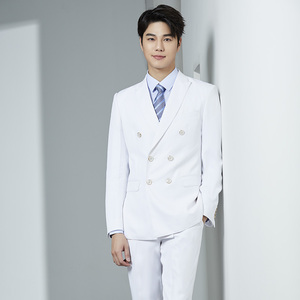 白色男士新郎西服两件套播音艺考修身西装主持宴会婚礼年会礼服