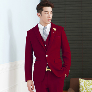新郎结婚礼服红色西服套装修身韩版男士三件套司仪主持人明星正装