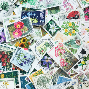 鲜花系列邮票外国带邮戳销票植物树林水果蔬菜等保真收藏手账50枚