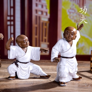 盆景摆件人物造景少林小和尚 佛山石湾公仔 中式创意陶瓷功夫小子