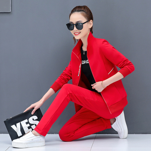 乔丹春秋时尚休闲红色运动套装女大码立领外套中国红跑步服三件套